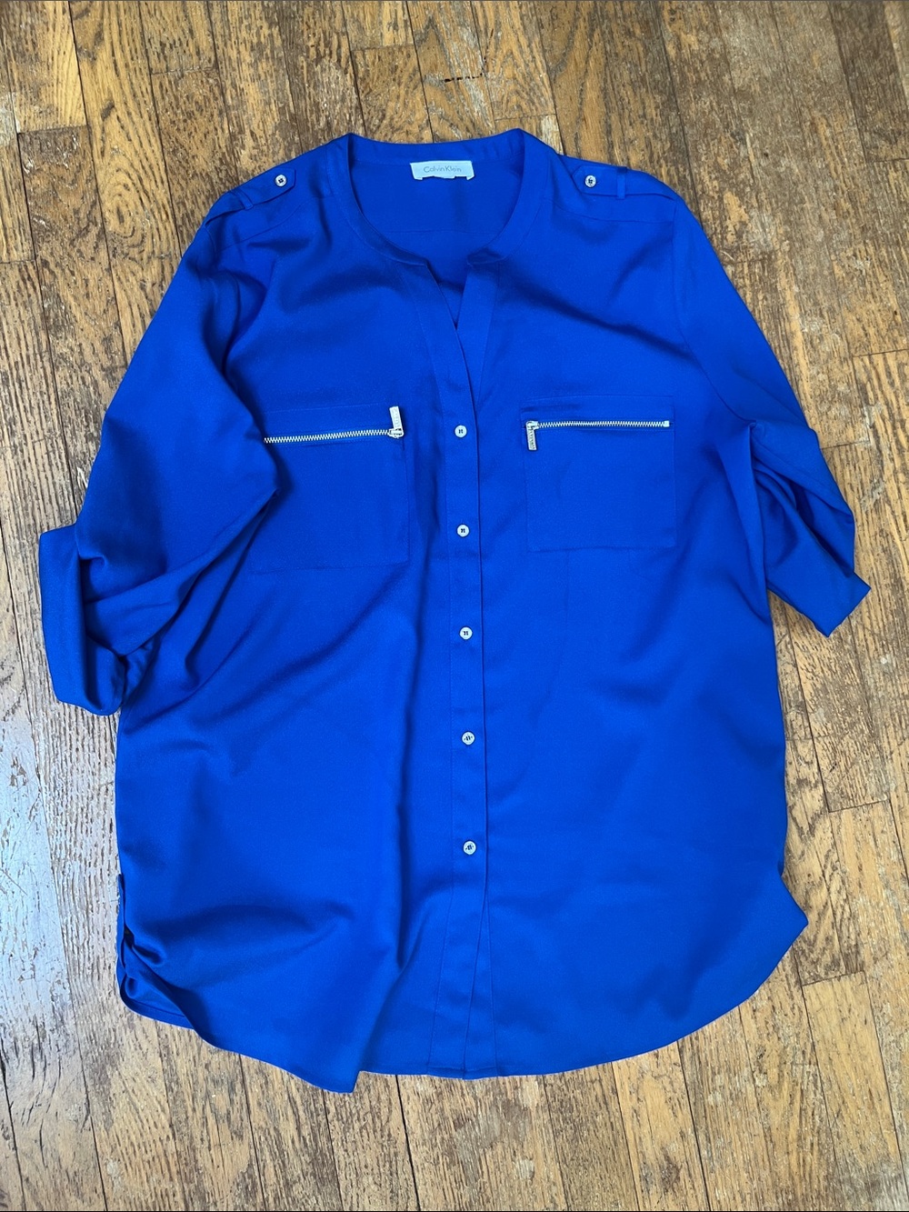 Calvin Klein Cobalt Blue Button-Front Blouse with Zip Pockets
